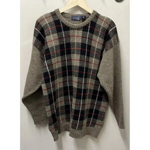 Vintage‎ Mens Covington Sweater M Tan Preppy Pure Wool Plaid Eclectic Grandpa